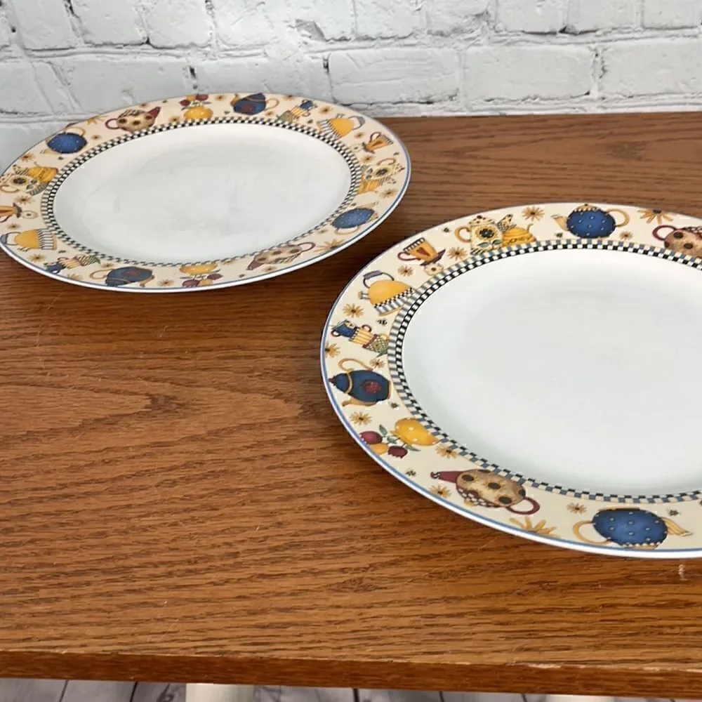 2 Sakura Dinner Plates Teapots Pattern 11” Debbie Mumm 1998